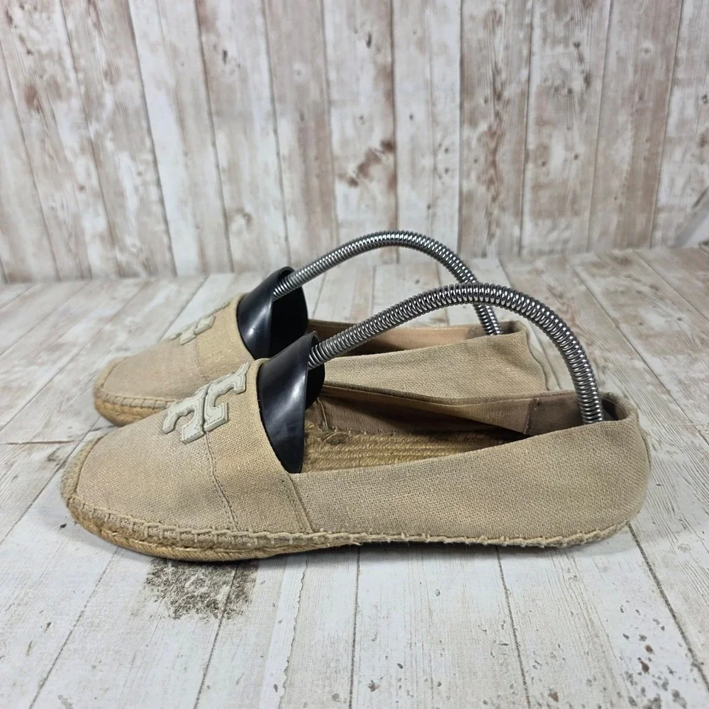 Tory Burch Tan Canvas Logo Espadrille Flats Womens Size 9.5 Beige Slip On Shoes